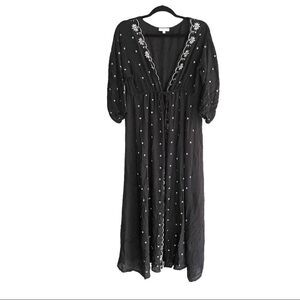 ANMOL Black With White Stars Long Maxi Kaftan Kimono Cardigan Ties In Front M/L